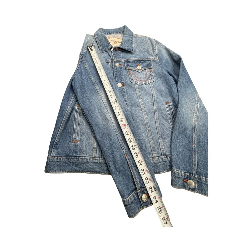True Religion Denim Jacket Mens Medium Blue World Tour Trucker Horseshoe Stitch